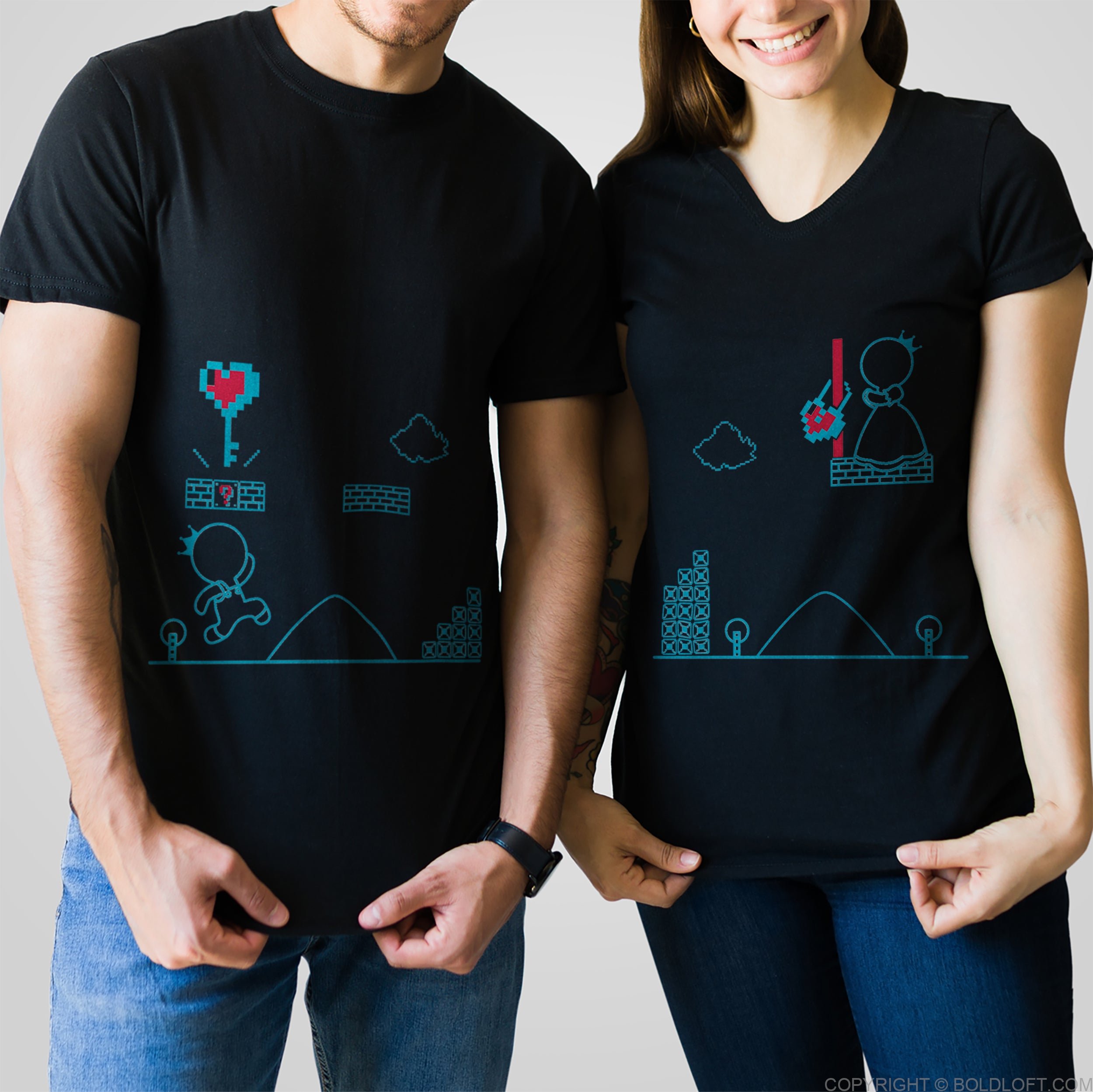 BoldLoft Key to My Heart matching couple t-shirts, one featuring a key and the other a heart-shaped lock. Perfect for Valentines Day or anniversary gifts for him and her.