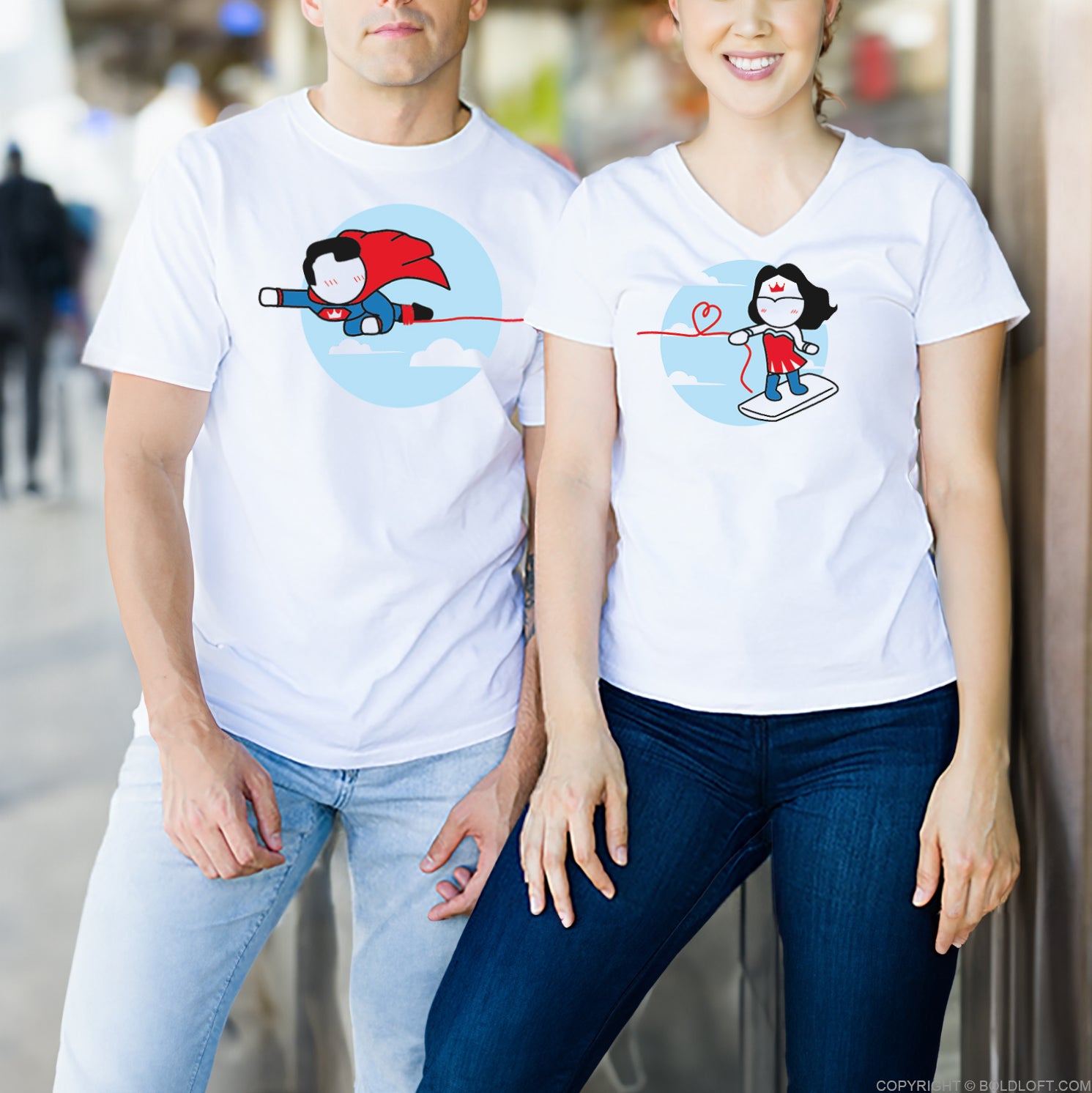Made for Loving You Superhero-Themed Couple Shirts by BoldLoft. Perfect cotton anniversary shirts for husband and wife, featuring cute love cartoon characters.