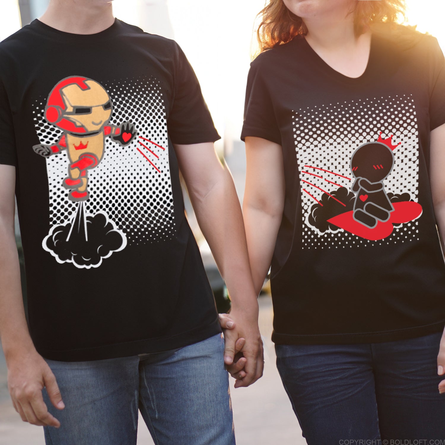 Love You 3000 Couple Shirts by BoldLoft. Perfect cotton anniversary shirts for husband and wife, featuring cute comic cartoon characters.