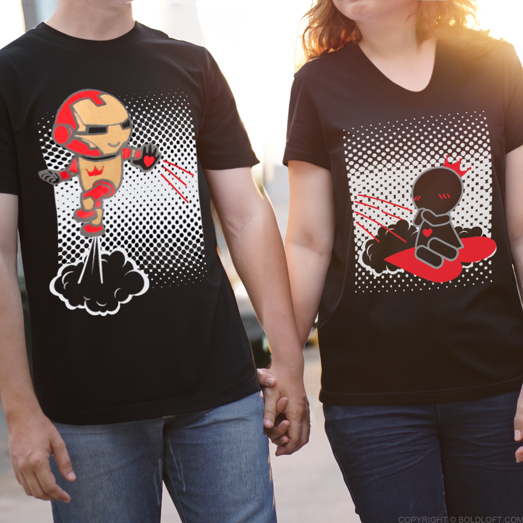 Love You 3000 Couple Shirts by BoldLoft. Perfect cotton anniversary shirts for husband and wife, featuring cute comic cartoon characters.