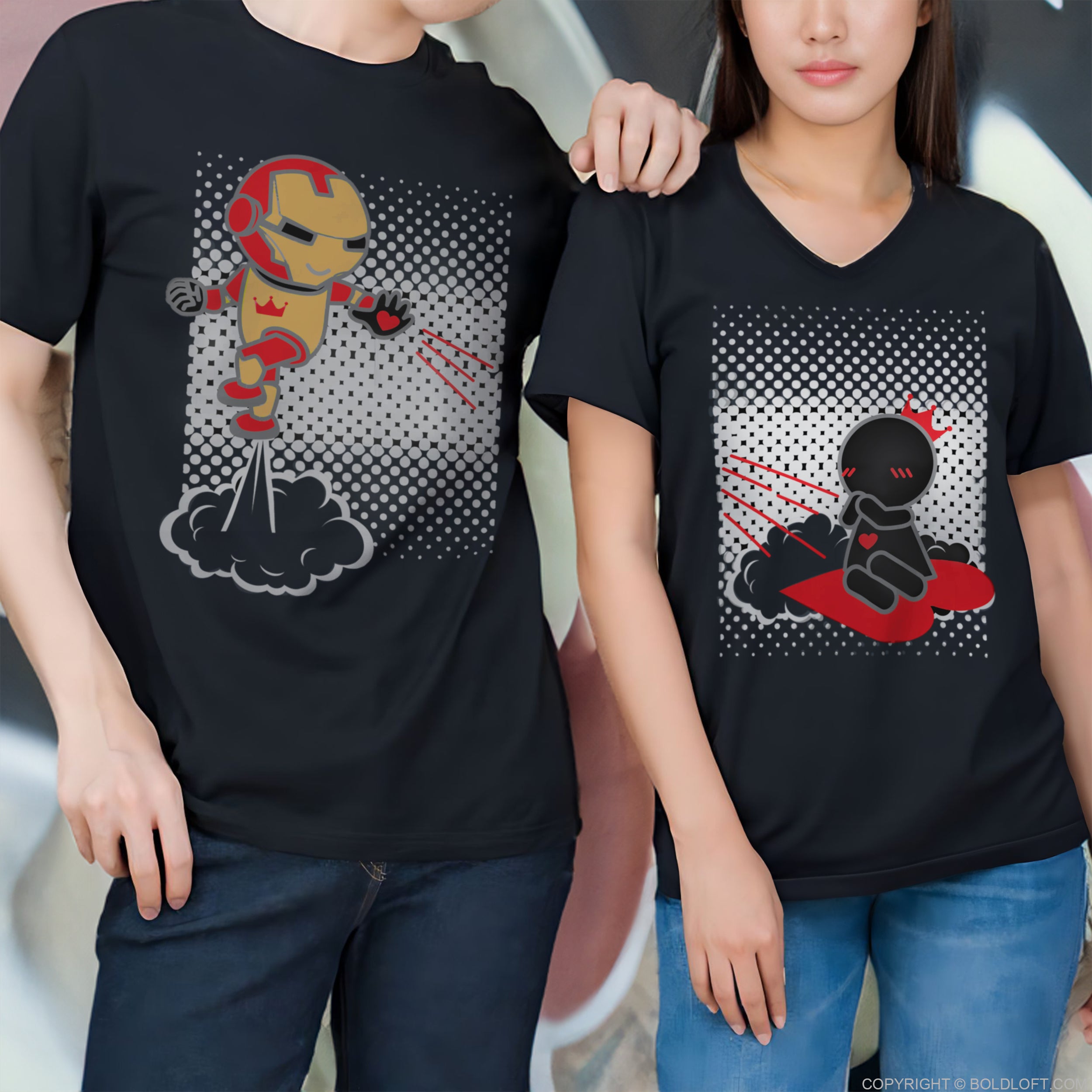 BoldLoft Love You 3000 Couple Shirts with comic characters. Matching his and hers Valentine shirts for couples, perfect boyfriend gift and girlfriend gift.