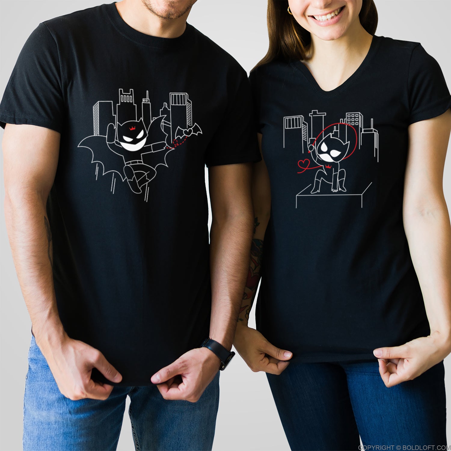 BoldLoft We’re Irresistibly Attracted Couple Shirts feature a bat and a cat comic characters. Matching his and hers Valentine shirts for couples, perfect boyfriend gift and girlfriend gift.