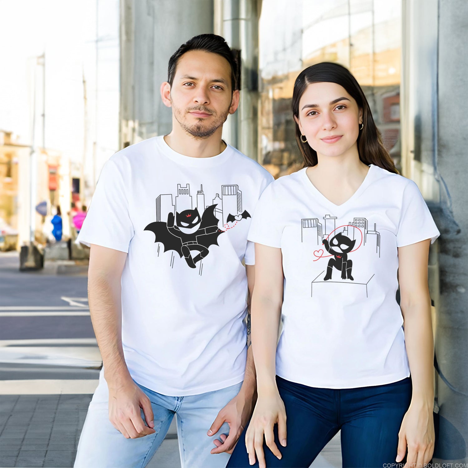 We’re Irresistibly Attracted Couple Shirts by BoldLoft. Perfect cotton anniversary shirts for husband and wife, featuring cute comic cartoon characters.