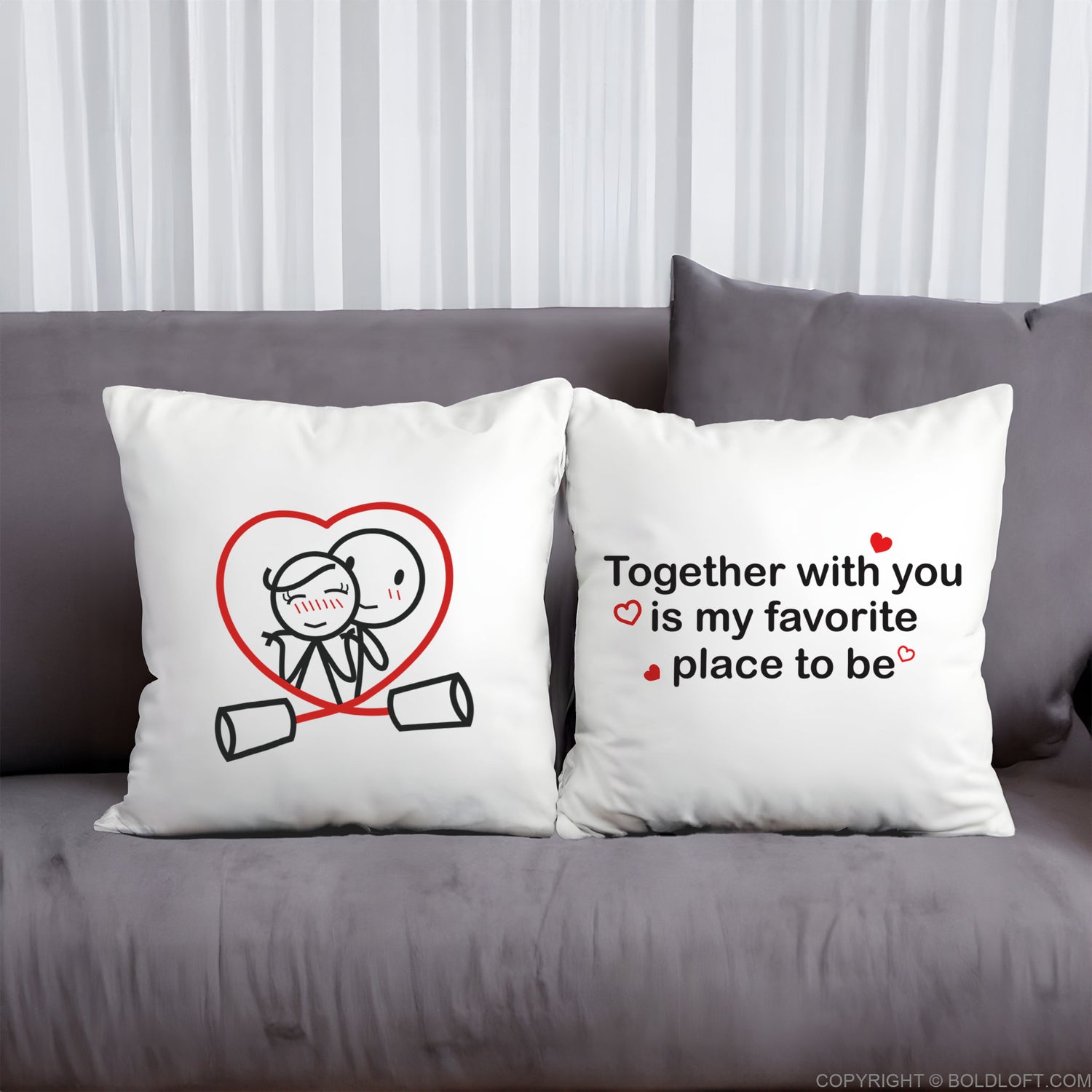 BoldLoft Together in Love Couple Gift Set comes with a set of white euro pillow covers with our signature design, Together is My Favorite Place.