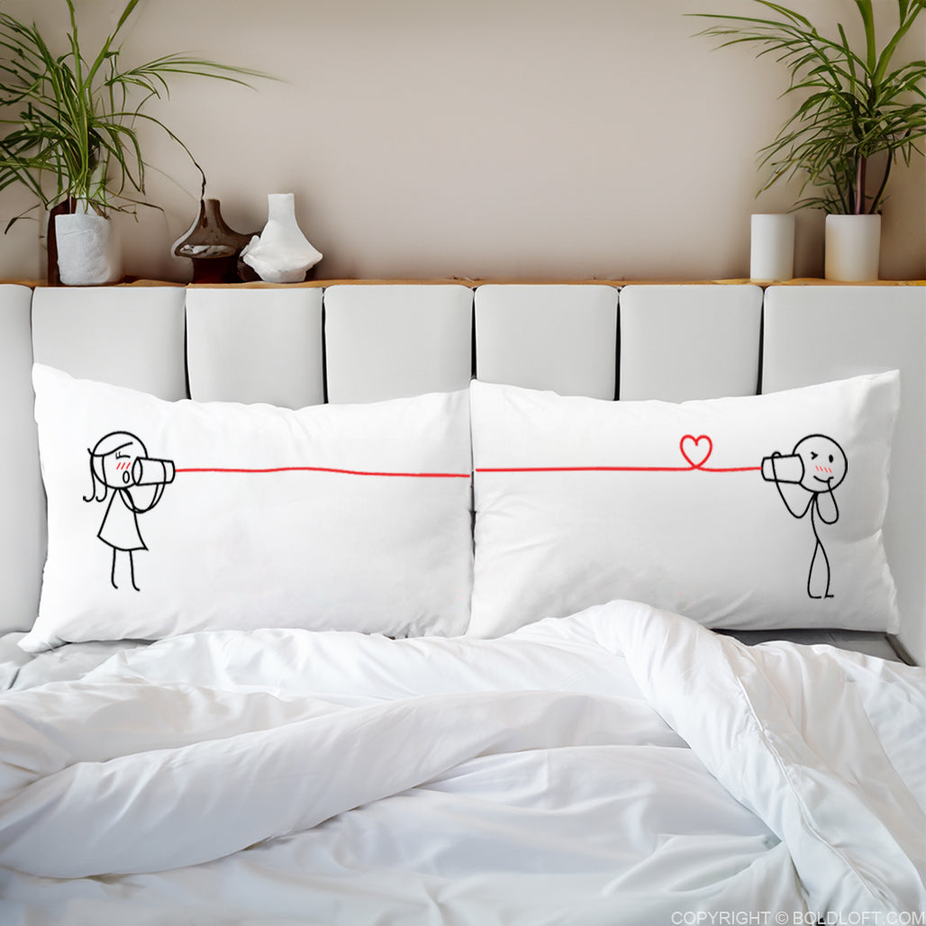 BoldLoft Say I Love You Too Couple Pillowcases, whimsical pillowcases with signature stick figures. Perfect love gifts for him.