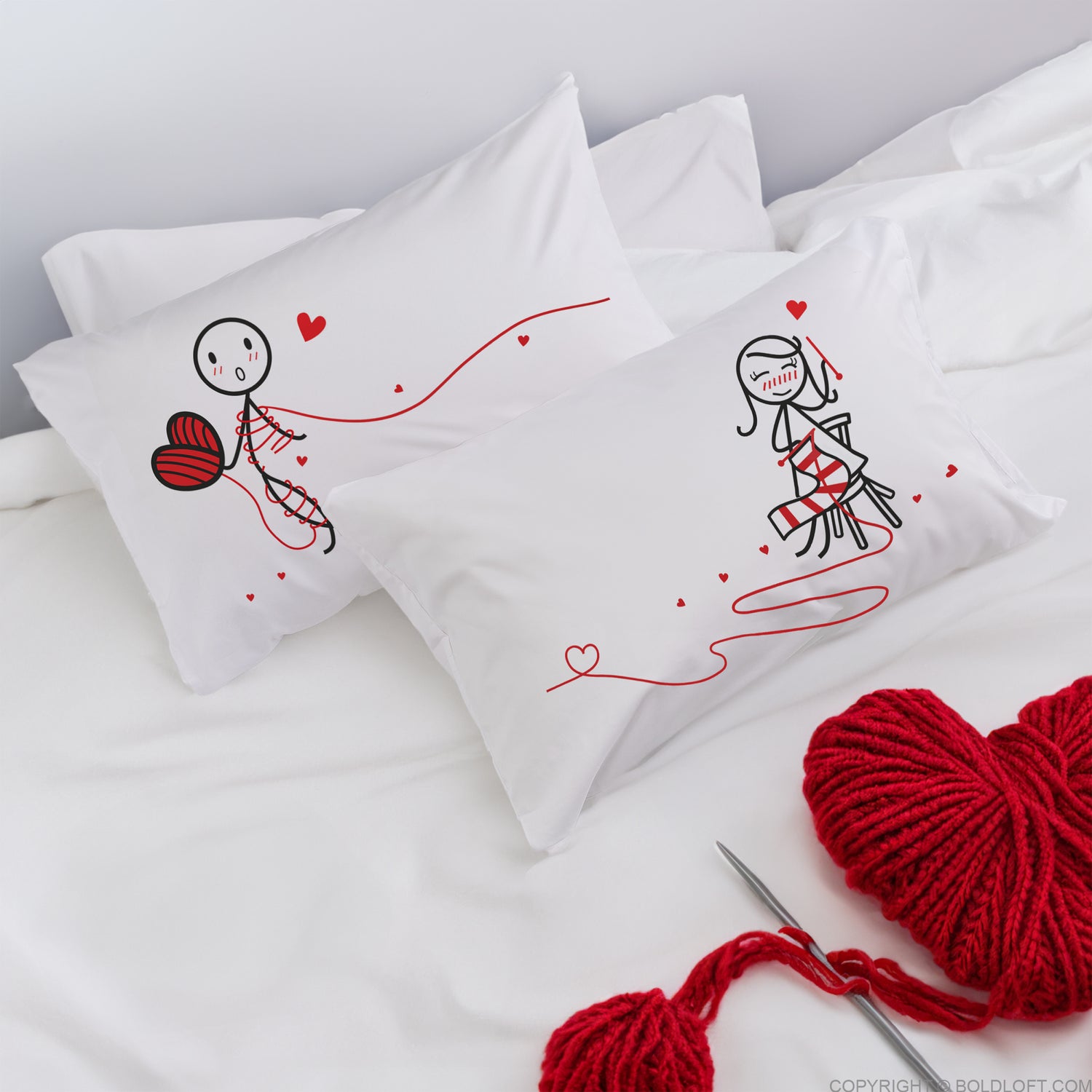 BoldLoft Love Ties Us Together Couple Pillowcases features a girl and a boy stick figures and a love theme