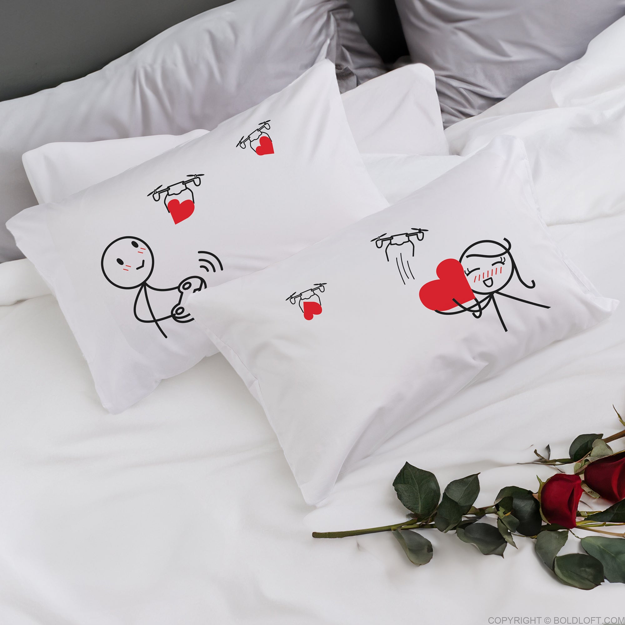BoldLoft Love is on the Way Couple Pillowcases, heart-melted his and hers pillowcases capture the sweet essence of a boy sending hearts to a girl