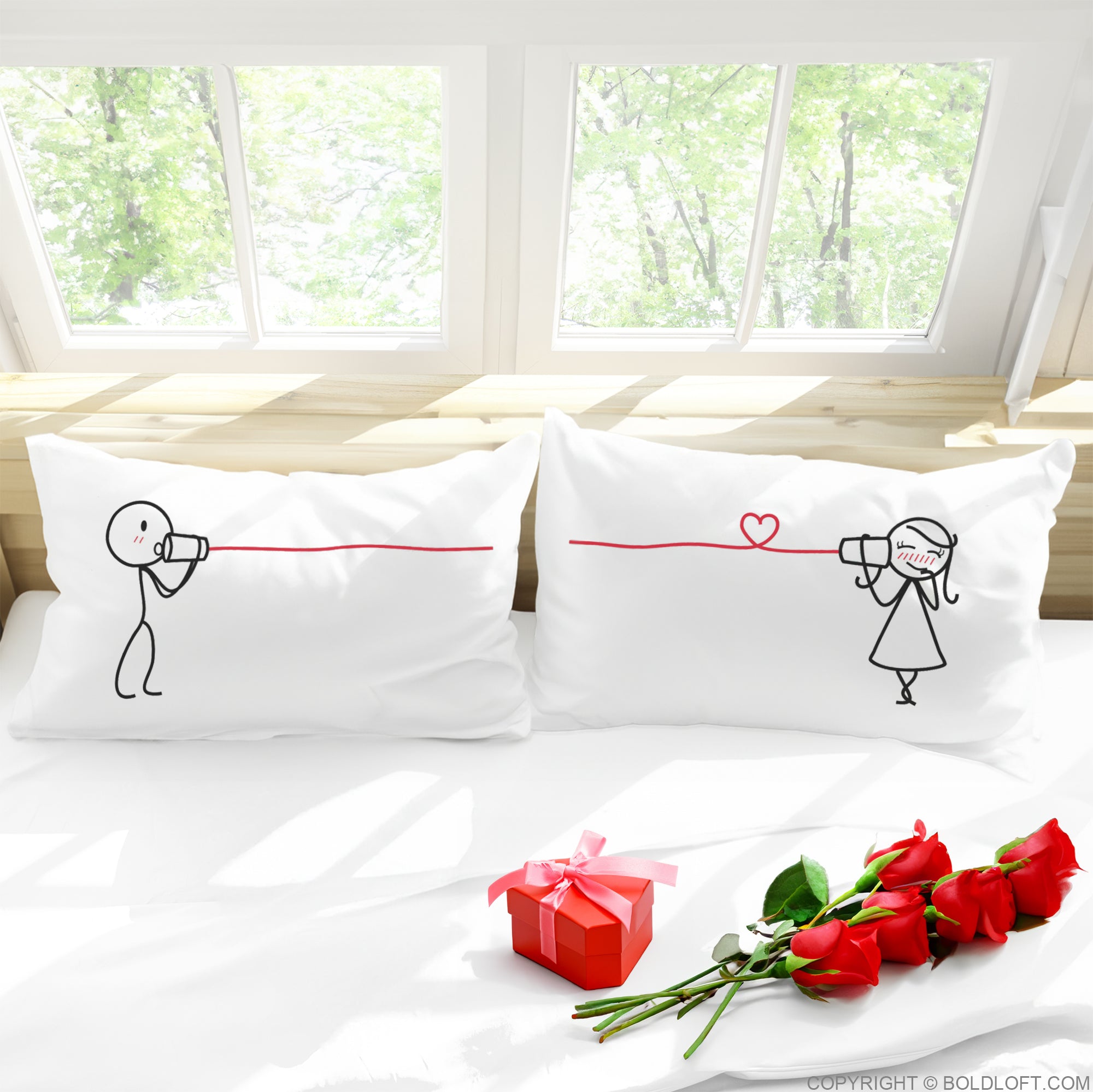BoldLoft Say I Love You Couple Pillowcases- His and hers pillowcases with signature stick figures and can phone design