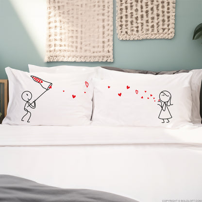 BoldLoft Catch My Love Couple Pillowcases-unique stick figure designs. Ideal couple gifts for anniversary and Valentines Day.