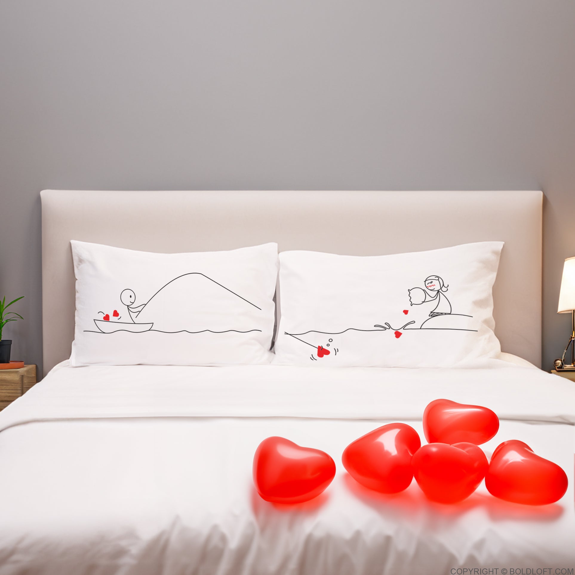 BoldLoft Catch My Heart Couple Pillowcases, his and her pillowcases feature stick figures and hearts. Perfect couple gifts for long distance couples, anniversary, and Valentine&