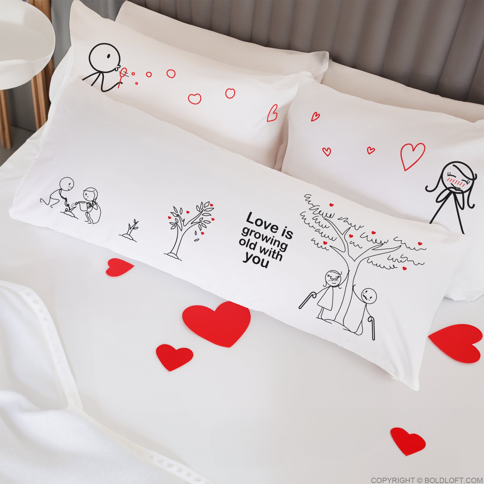 BoldLoft Together in Love Couple Gift Set comes with a set of From My Heart to Yours couple pillowcases and a Grow Old with You long pillow cover. Perfect couple gifts for him and her.