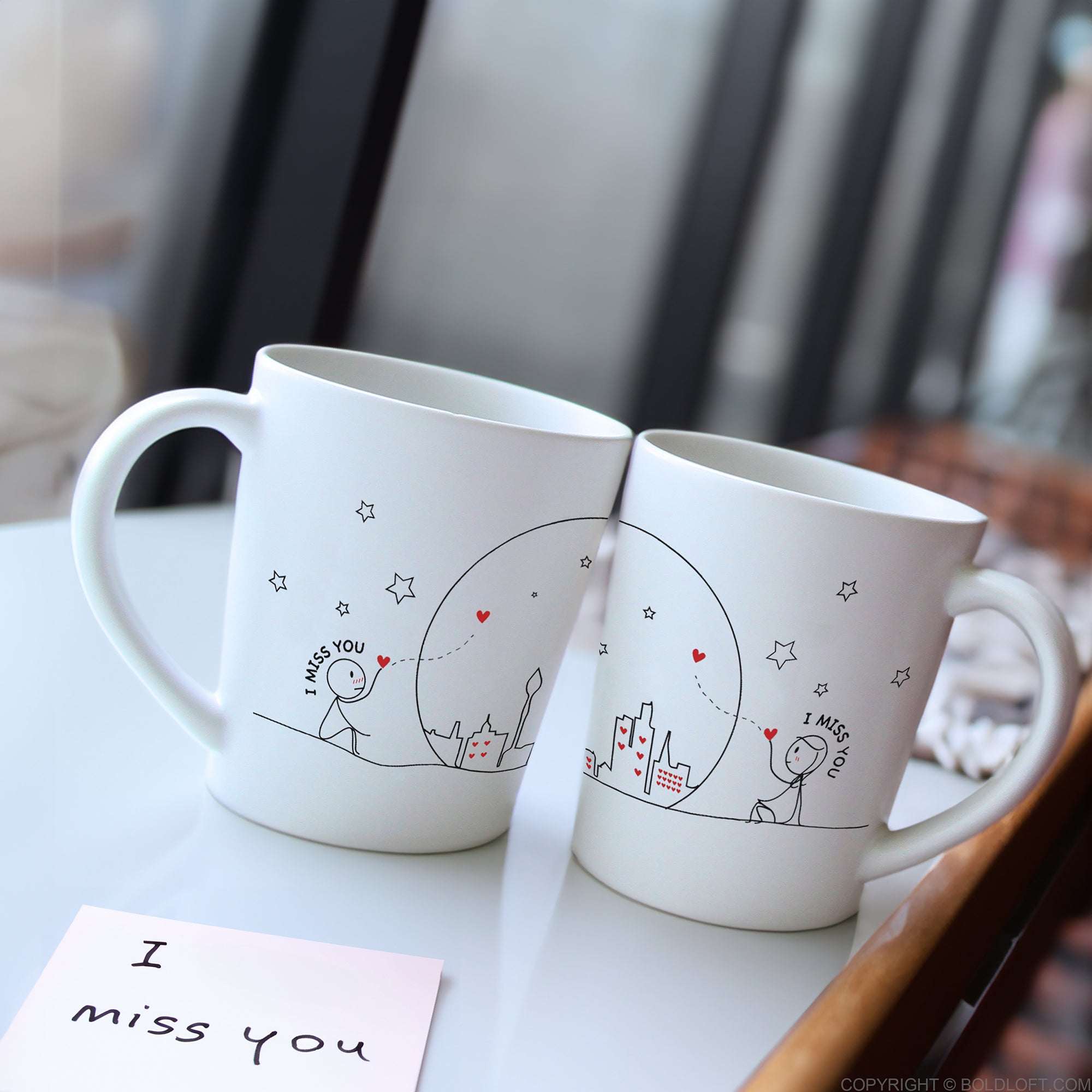 BoldLoft Miss Us Together Couple Coffee Mugs, long distance love mug set features 2 cute stick figures and I Miss You wordings.