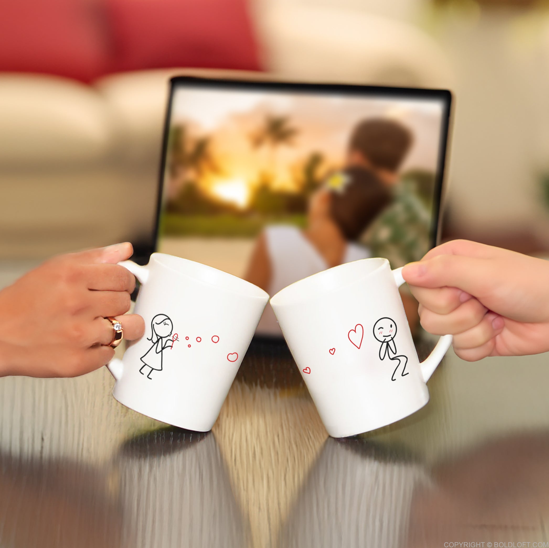 BoldLoft From My Heart to Yours Too™ Couple Coffee Mugs feature a girl blows heart-shaped bubbles to a boy