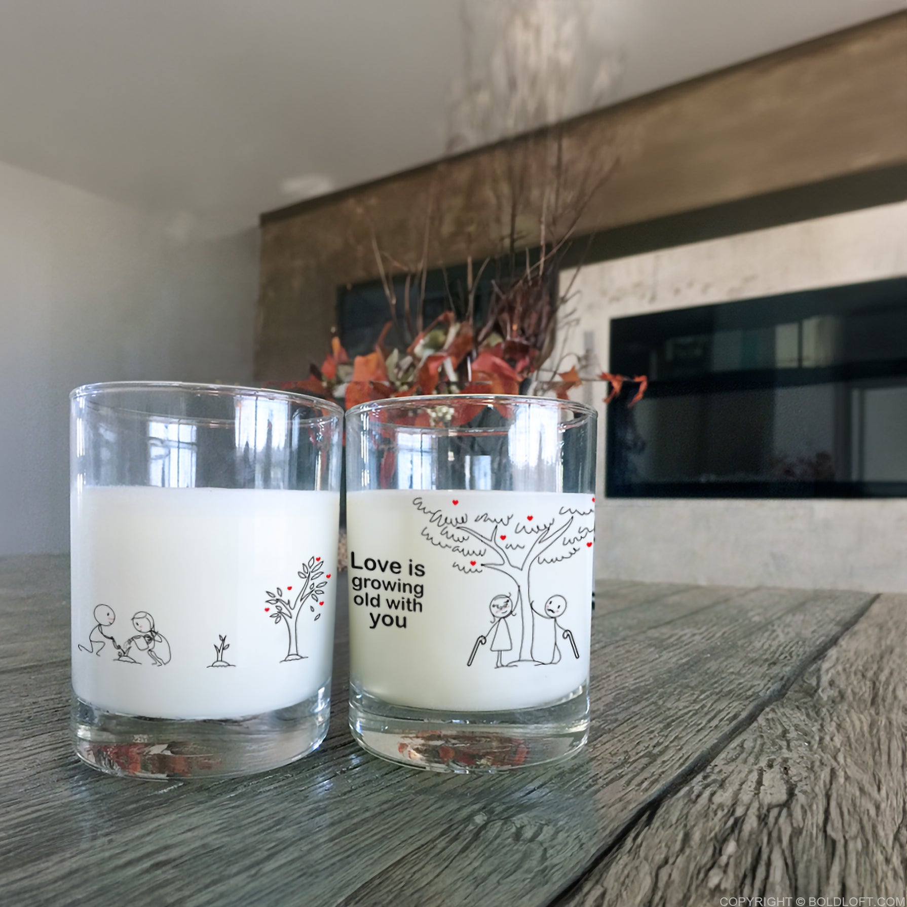 BoldLoft Grow Old with You Couple Drinking Glasses, a fun twist of whisky glass with cute stick figure designs