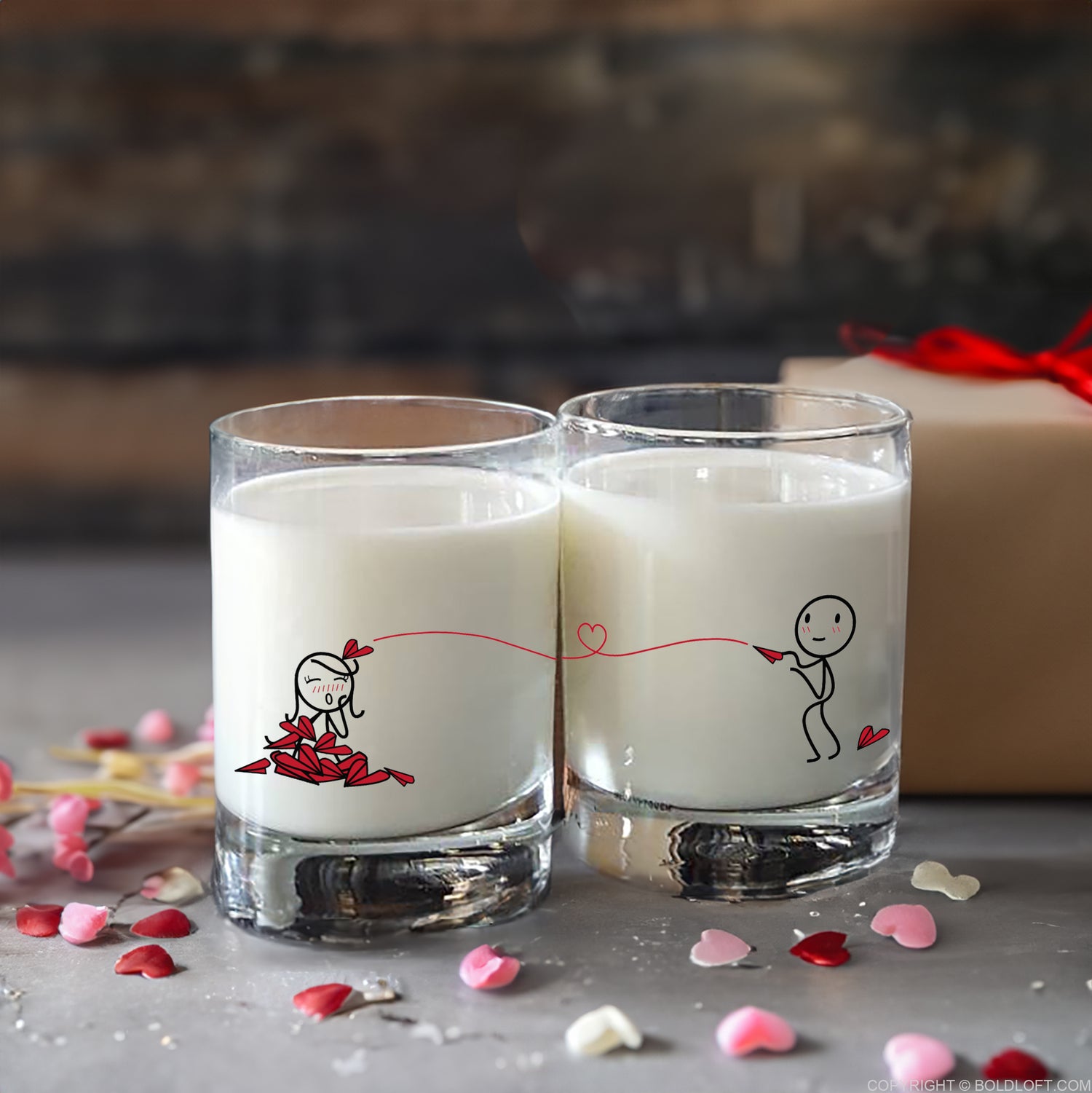 BoldLoft Love Will Find A Way Couple Drinking Glasses feature 2 stick figures and perfect couple gifts for anniversary and Valentine&