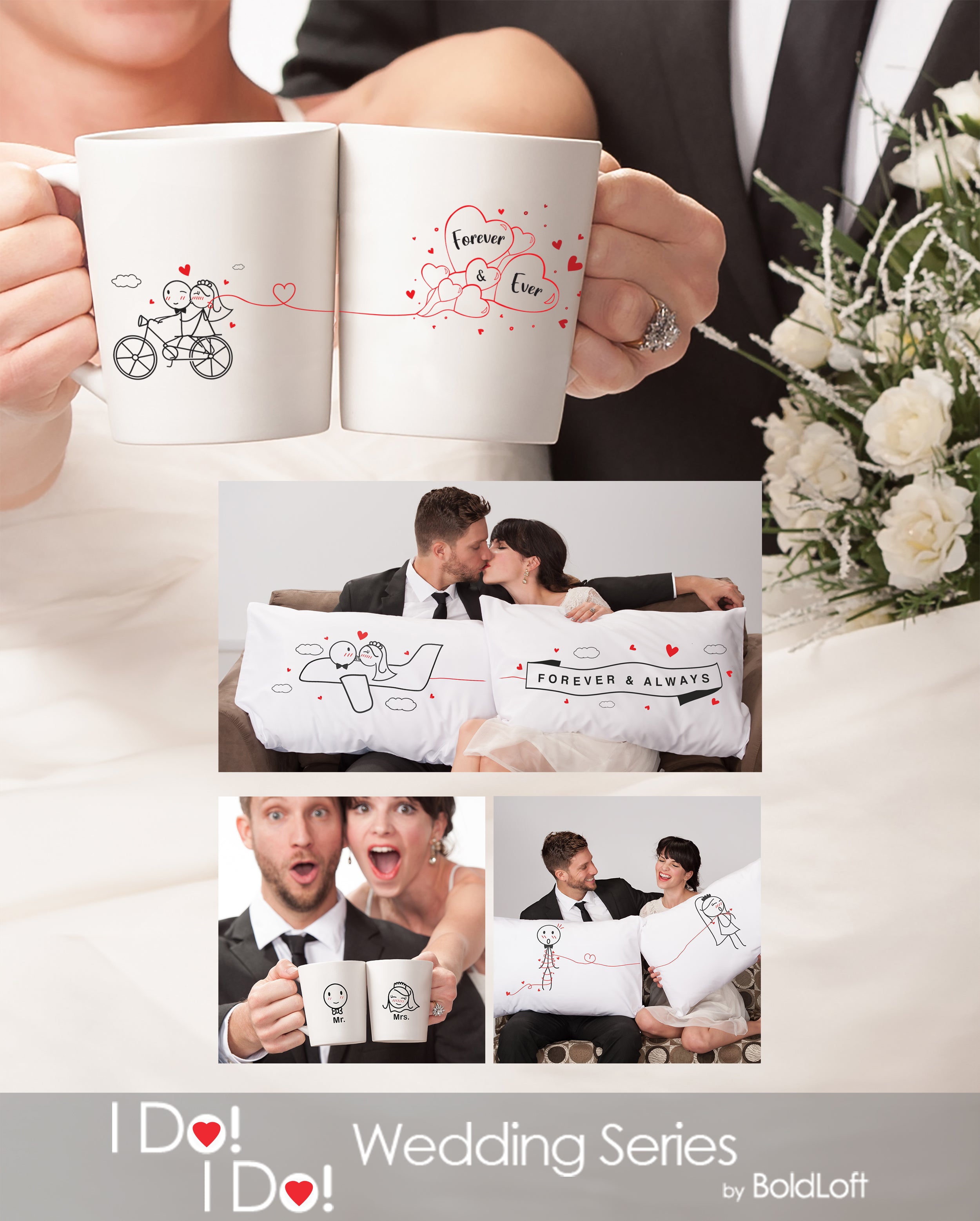 BoldLoft I Do I Do  Wedding Series for bride and groom offers various designs on couple pillowcases, couple mugs, and drinking glasses, featuring two endearing stick figure representations of a bride and groom, perfect for wedding couples.