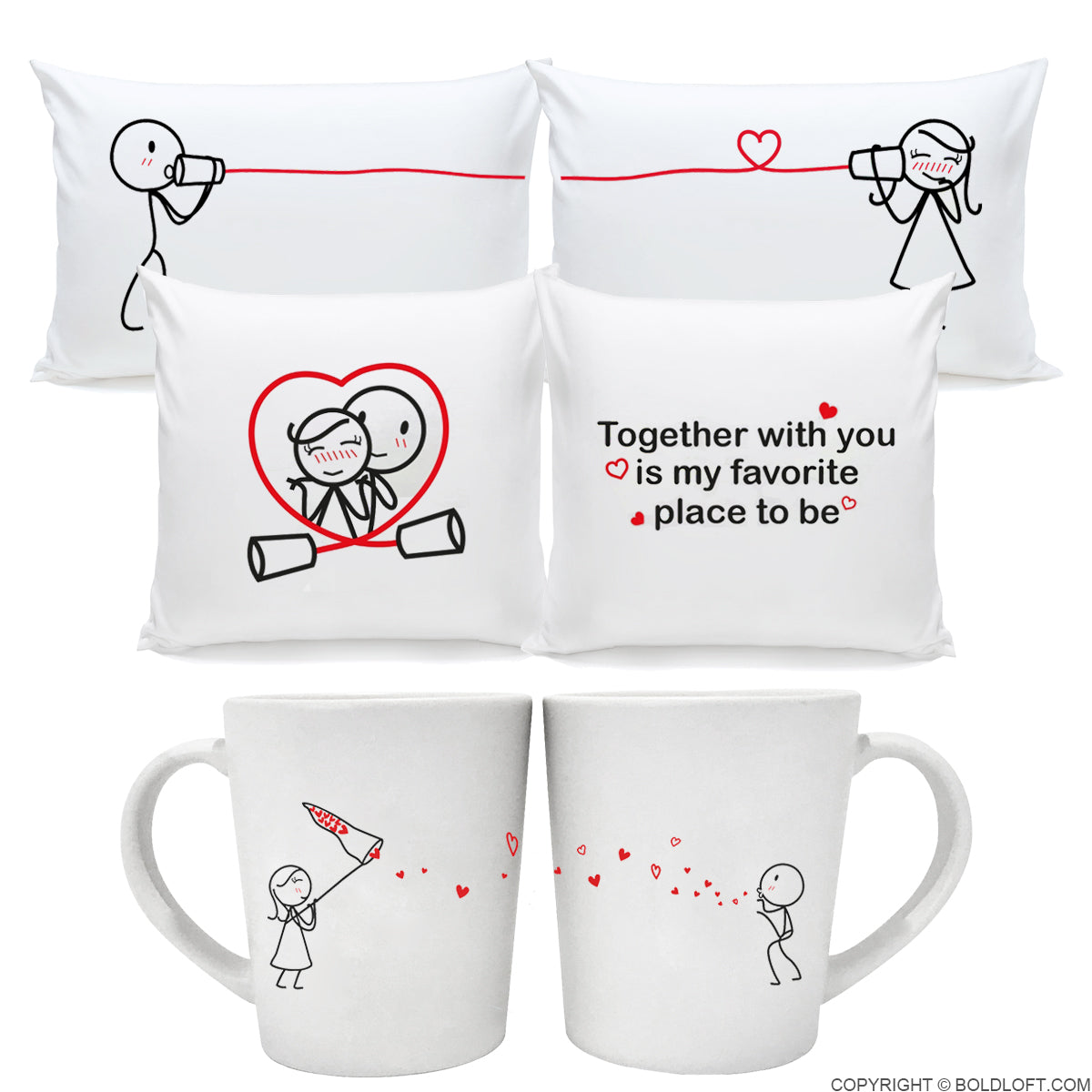 BoldLoft Together in Love Couple Gift Set includes a set of his and hers pillowcases, a set of couple euro pillow covers, and a set of couple mugs.