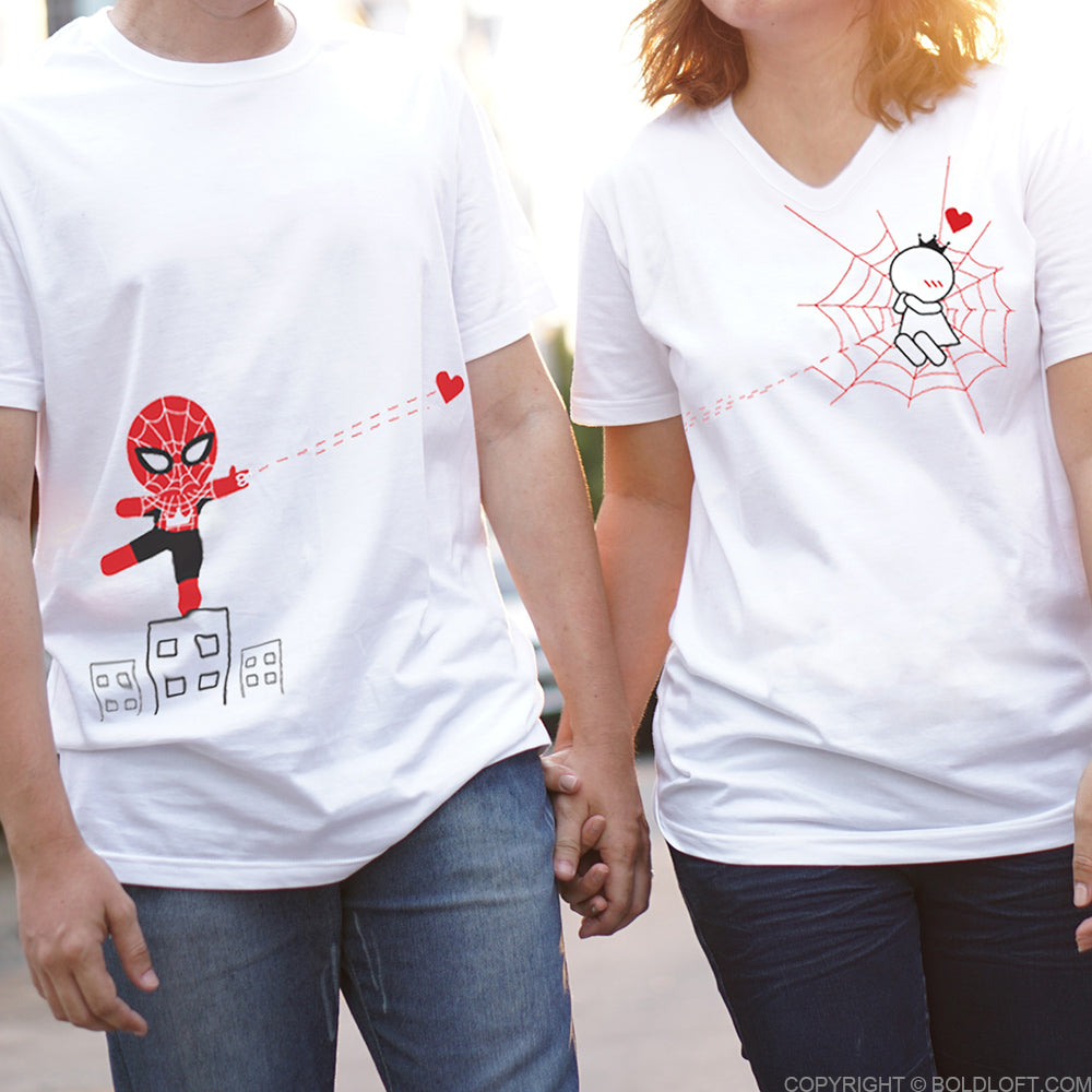 BoldLoft Captured by Your Heart Couple Shirts feature spider designs. Matching superhero-themed his and hers Valentine shirts for couples, perfect boyfriend gift and girlfriend gift.