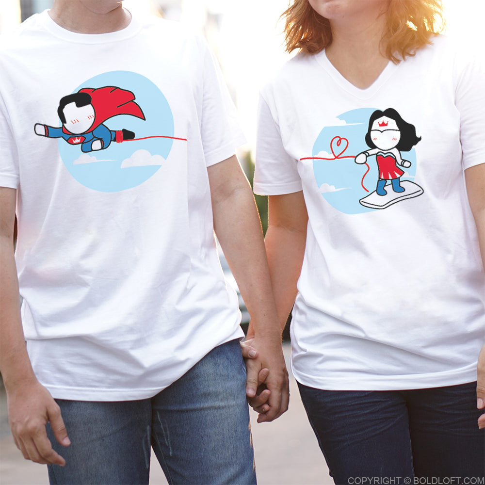 BoldLoft Made for Loving You Couple Shirts. Matching his and hers superhero themed Valentine shirts for couples, perfect boyfriend gift and girlfriend gift.