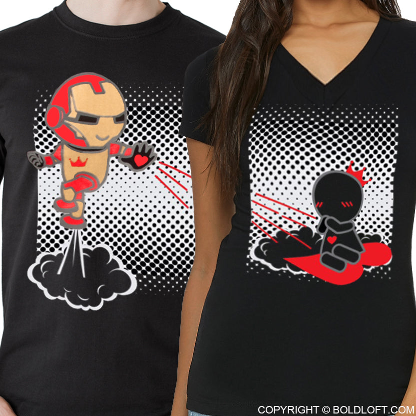 BoldLoft Love You 3000 Couple Shirts. Superheroes themed his and hers for couples, featuring cute love cartoon characters.