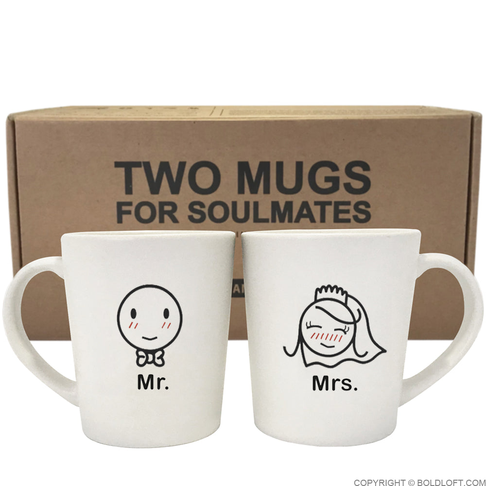Charming Mr Mrs wedding coffee mugs by BoldLoft feature endearing stick-figure bride and groom characters, packaged in the signature Two Mugs for Soulmates gift-ready box.