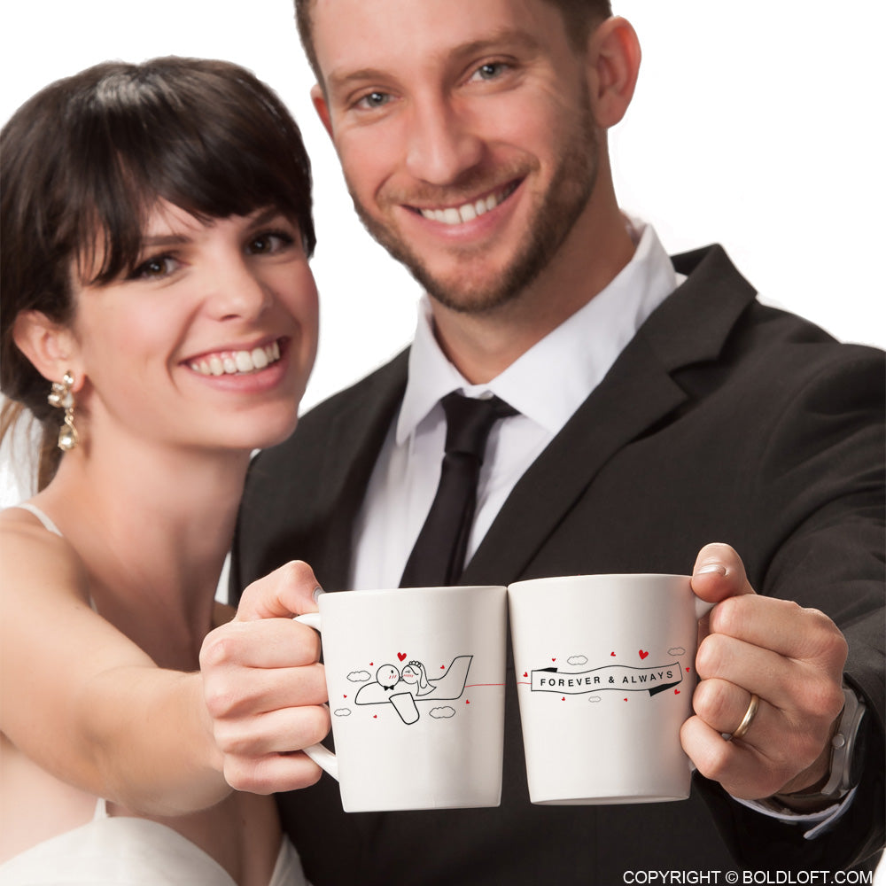BoldLoft Forever & Always Wedding Mug Set for Bride and Groom. Matching Couple Mugs for the Newlyweds.