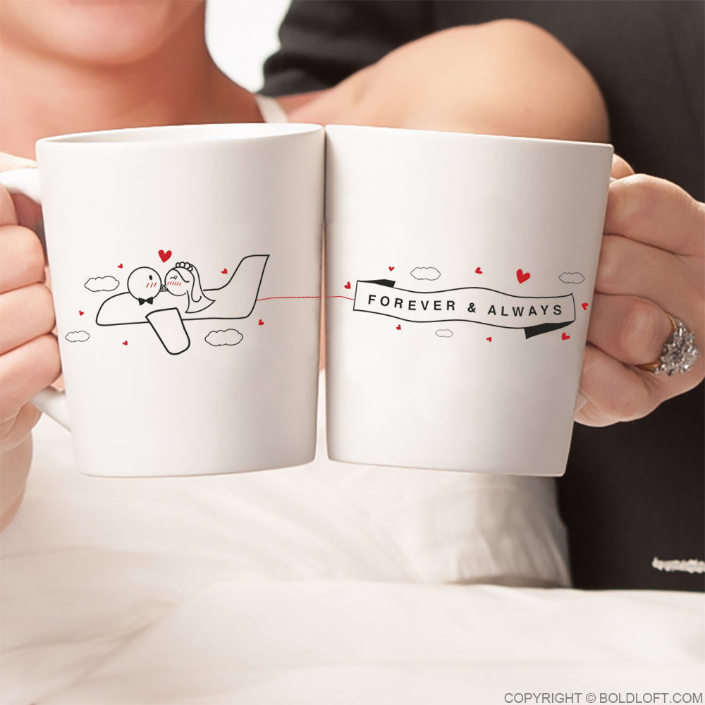 Adorable Forever & Always wedding coffee mugs from BoldLoft showcasing stick-figure bride and groom characters. Perfect wedding and engagement gifts for newlyweds.