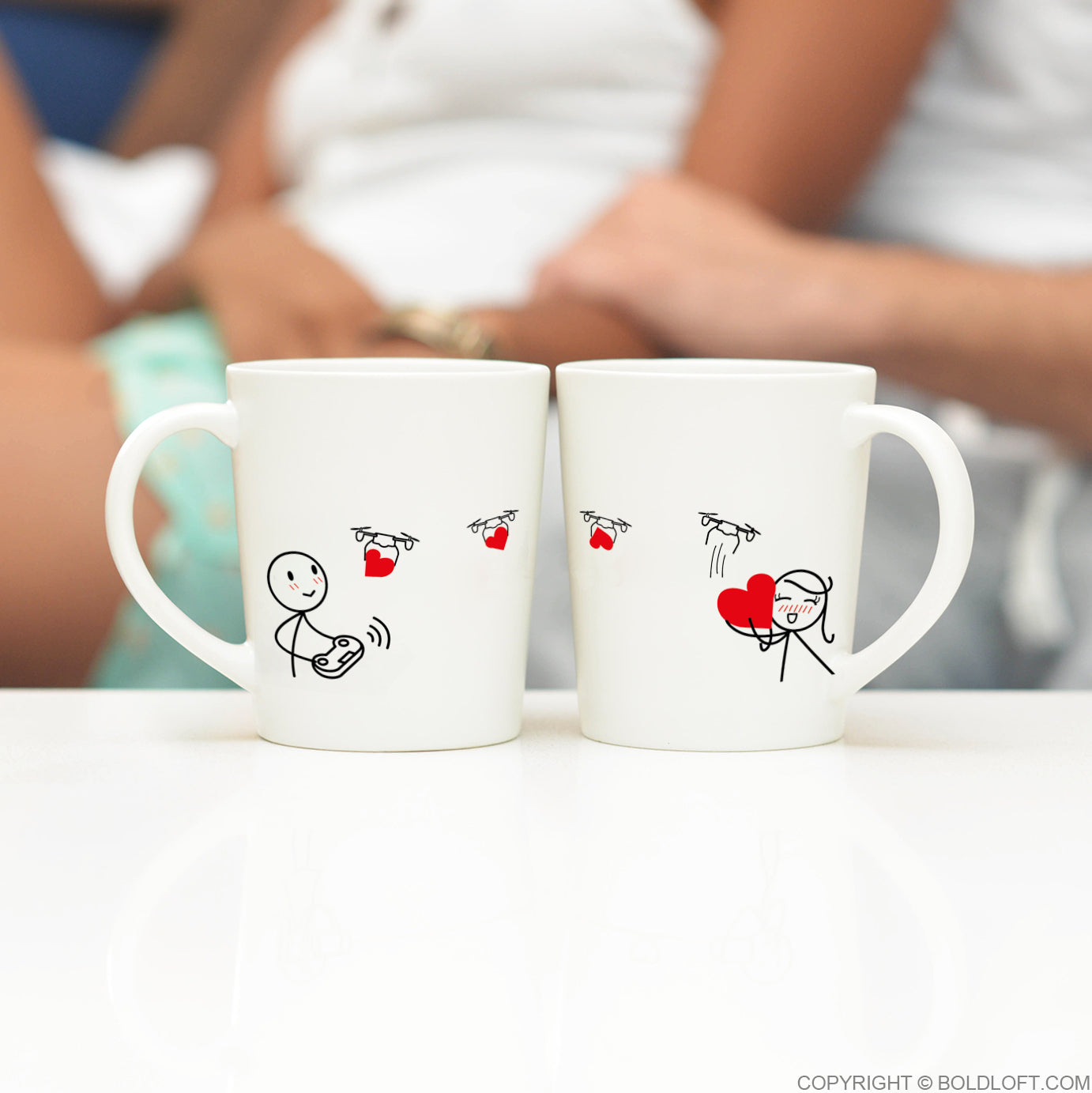 Adorable BoldLoft Love is on the Way coffee mugs for couples. The romantic couple gift for him and her.