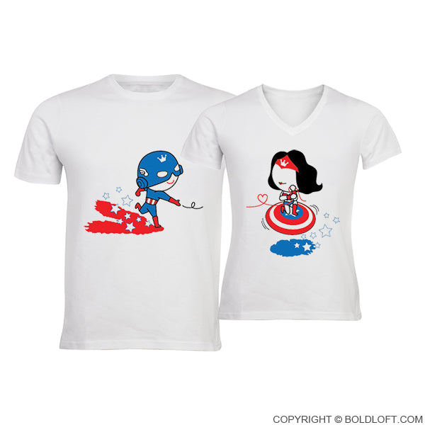 BoldLoft All I Want is You Couple Shirts. Superheroes themed his and hers for couples, featuring cute love cartoon characters. Captain America shirt Wonder Woman shirt couple shirts set.