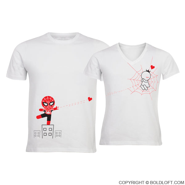 BoldLoft Captured by Your Heart couple shirts, featuring cute superhero-themed spider cartoon characters for cartoon and comic lovers.