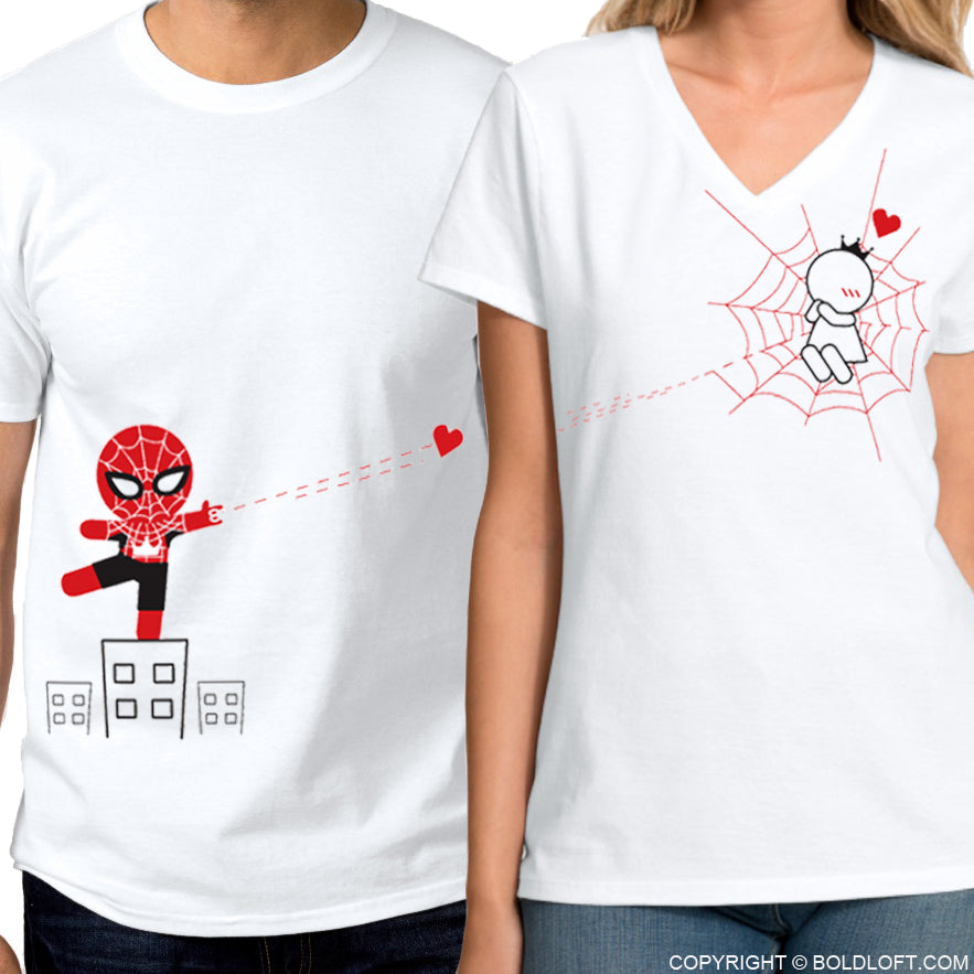 BoldLoft Captured by Your Heart Couple Shirts. Superheroes themed his and hers for couples, featuring cute love cartoon characters.