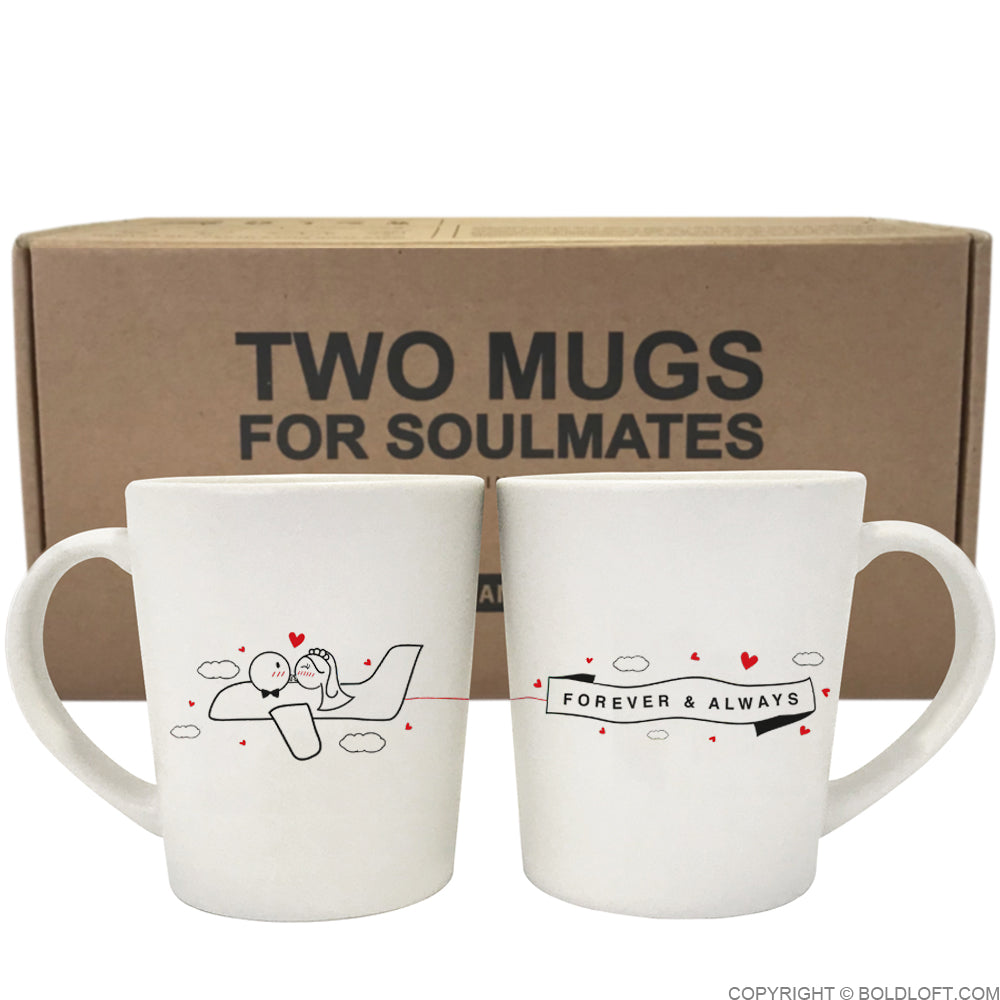 Charming Forever &amp; Always wedding coffee mugs by BoldLoft feature endearing stick-figure bride and groom characters, packaged in the signature Two Mugs for Soulmates gift-ready box.