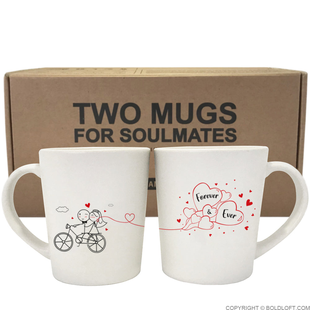 Charming Forever &amp; Ever wedding coffee mugs by BoldLoft feature endearing stick-figure bride and groom characters, packaged in the signature Two Mugs for Soulmates gift-ready box.
