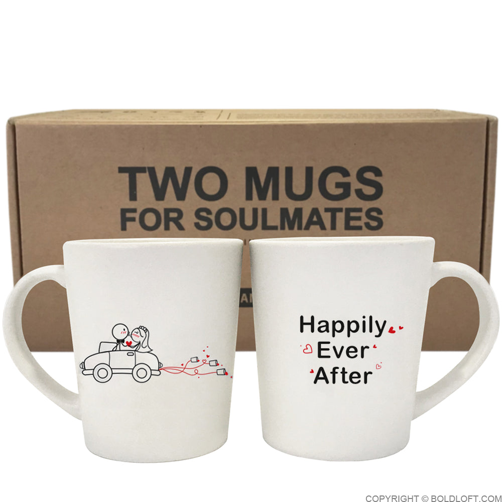 Charming Happily Ever After wedding coffee mugs by BoldLoft feature endearing stick-figure bride and groom characters, packaged in the signature Two Mugs for Soulmates gift-ready box.