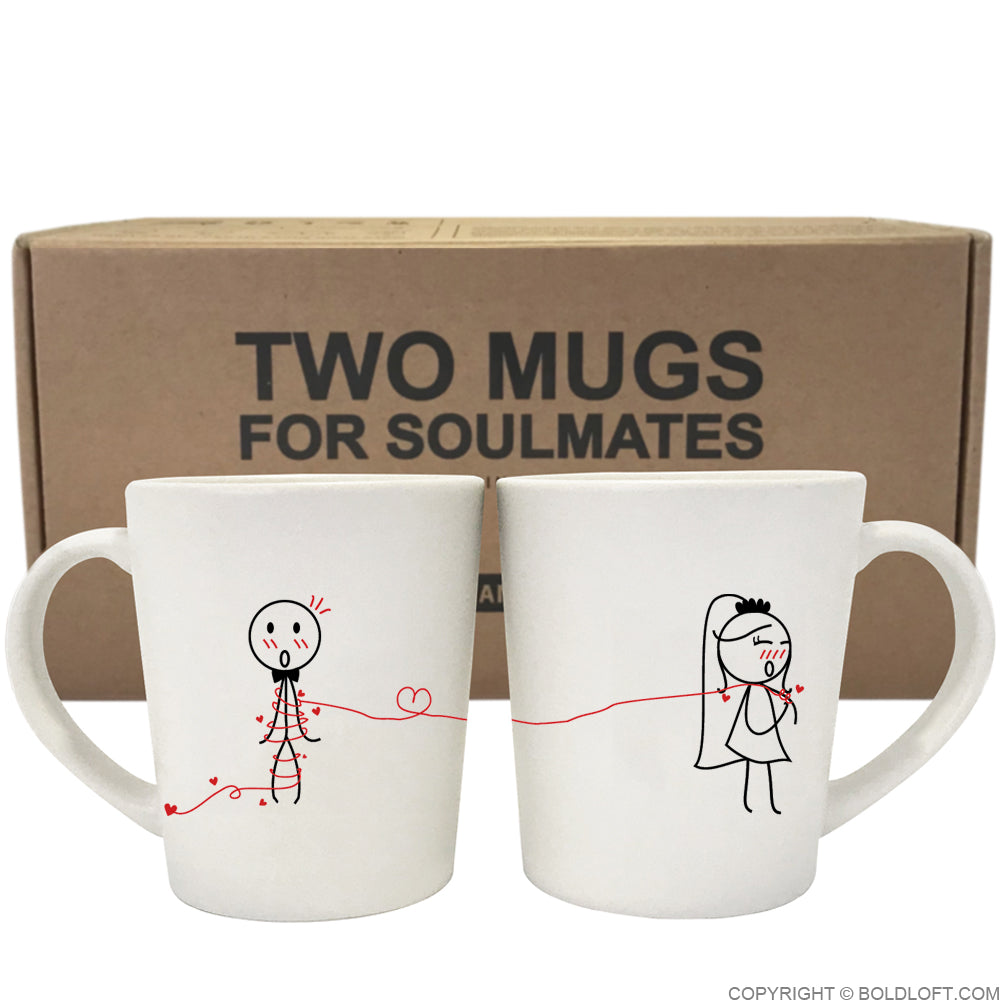 Charming Tie the Knot wedding coffee mugs by BoldLoft feature endearing stick-figure bride and groom characters, packaged in the signature Two Mugs for Soulmates gift-ready box.
