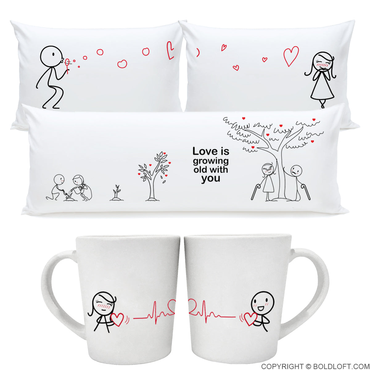 BoldLoft Together in Love™ Couple Gift Set I includes a set of couple pillowcases, a body pillow cover, and a set of couple coffee mugs.