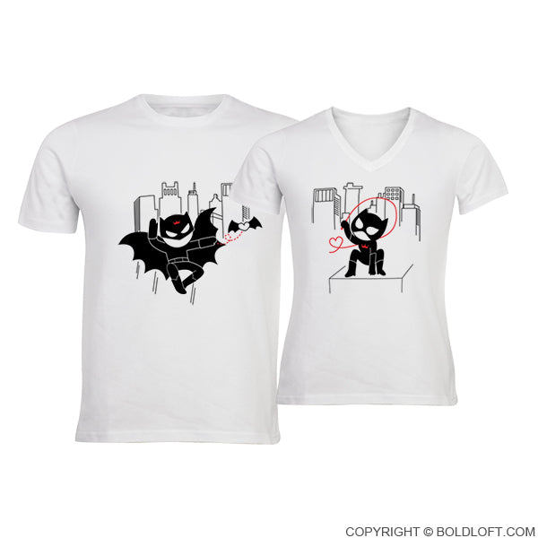 BoldLoft We’re Irresistibly Attracted couple shirts, featuring cute superhero-themed cartoon characters for movies and comic lovers.