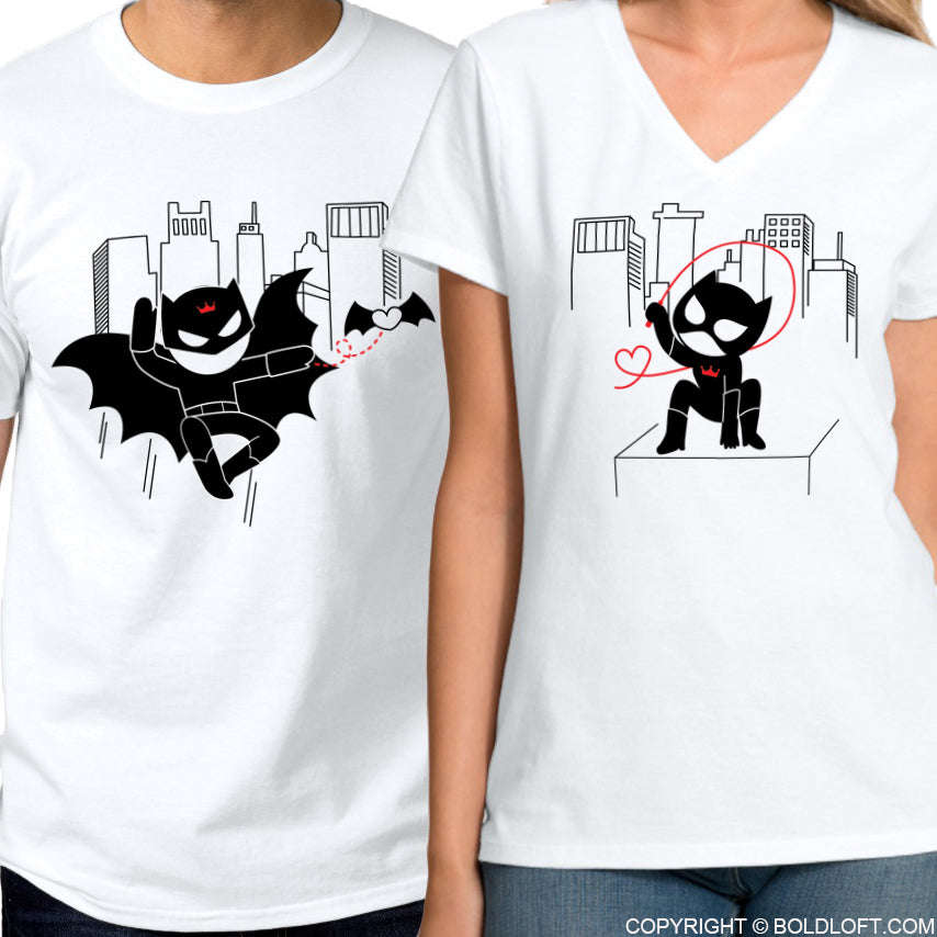 BoldLoft We’re Irresistibly Attracted Couple Shirts. Superheroes themed his and hers shirts for couples, featuring cute love cartoon characters.