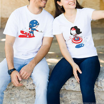 All I Want is You Couple Shirts by BoldLoft. Perfect cotton anniversary shirts for husband and wife, featuring cute superhero-themed love cartoon characters.