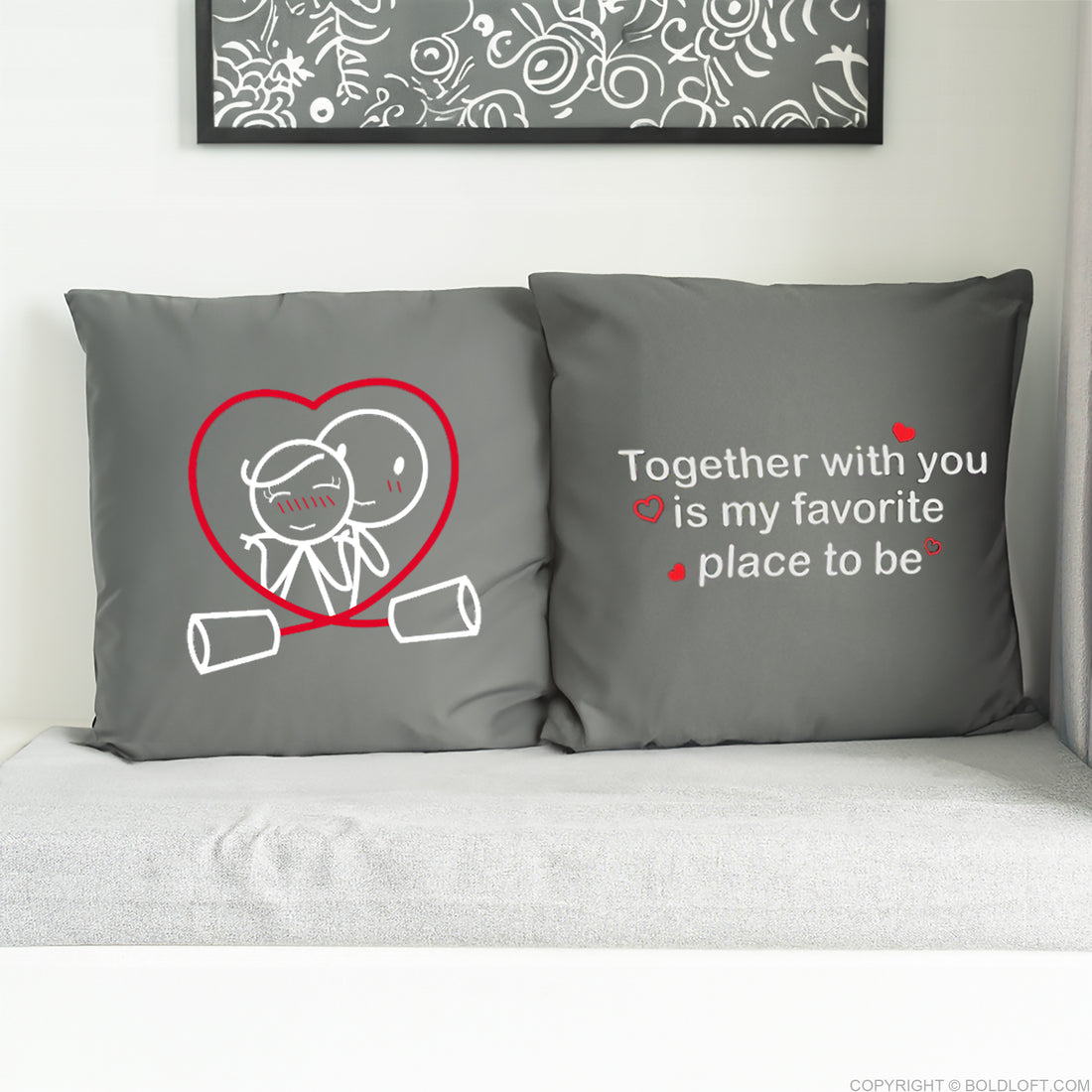 BoldLoft Together with You Euro Pillow Covers for Couples, whimsical euro pillow covers in grey with cute stick figure design and a love quote