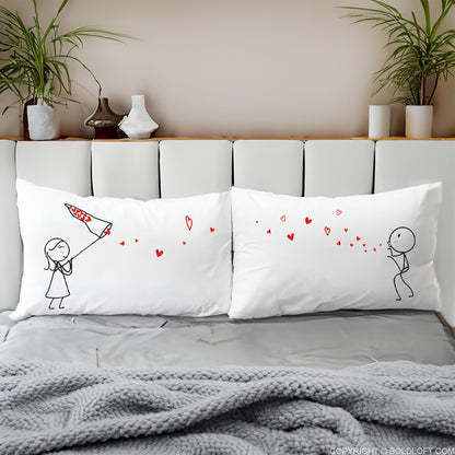 BoldLoft Catch My Love Too Couple Pillowcases, featuring 2 whimsical stick figures pillowcases for him and her