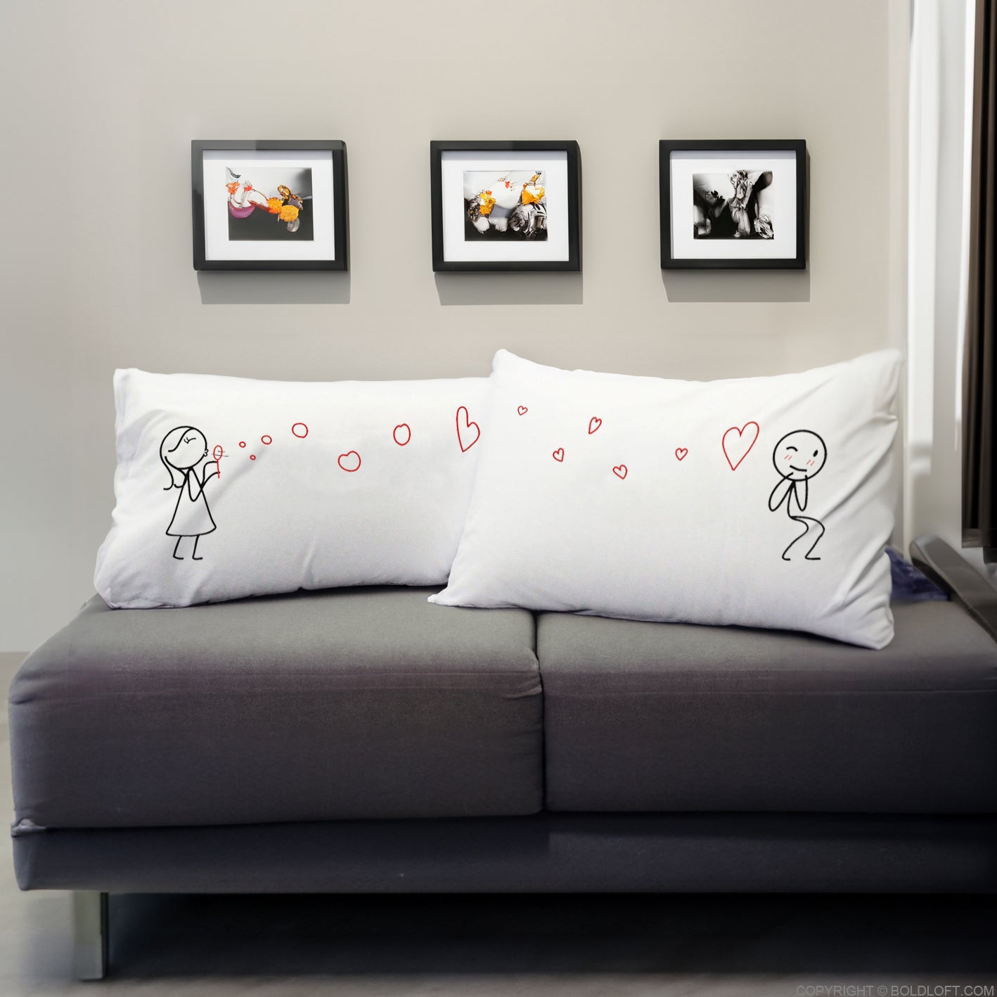 BoldLoft From My Heart to Yours Couple Pillowcases feature a girl blows heartshaped bubbles to a boy, a whimsical gift for him