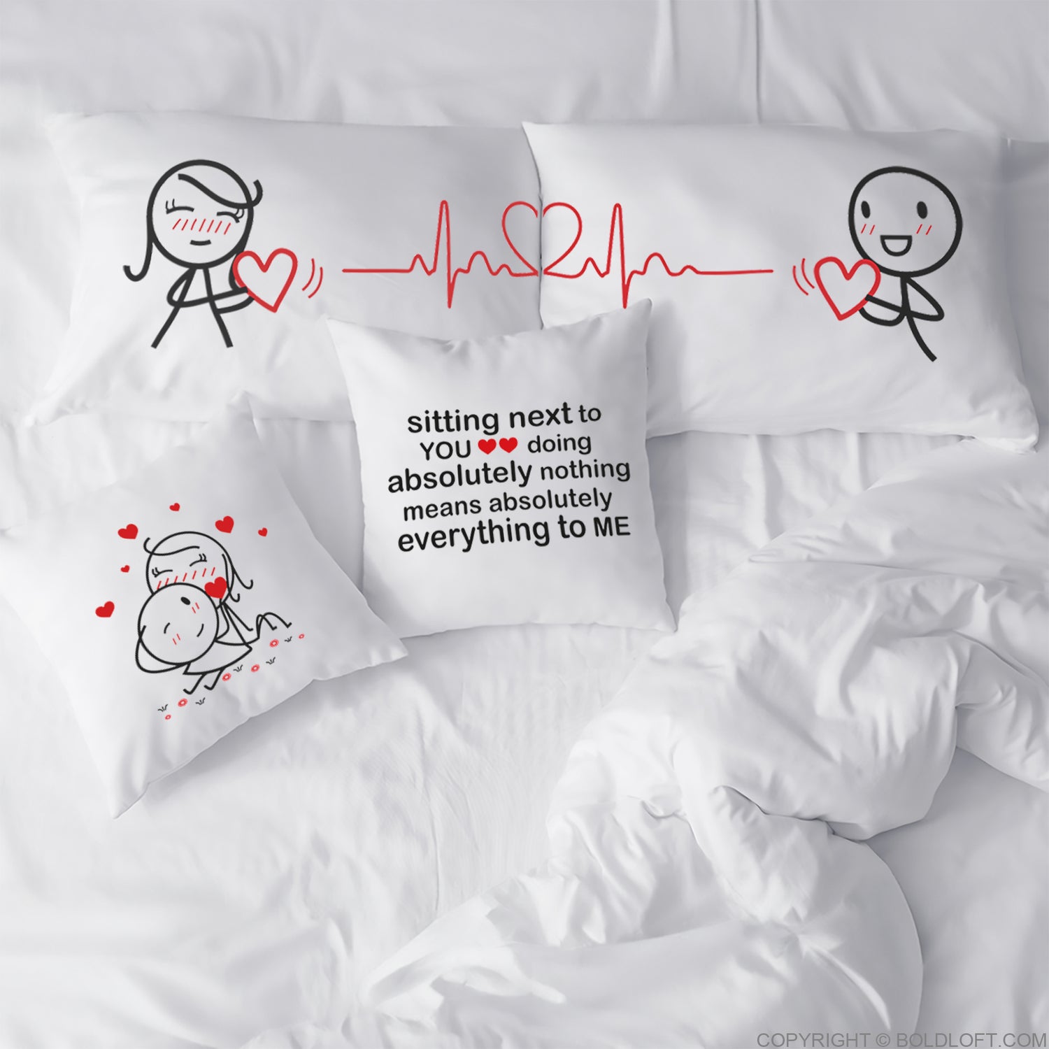 BoldLoft Together in Love Couple Gift Set comes with a set of Love You Every Beat of My Heart couple pillowcases and a set of You Mean Everything to Me euro pillow covers. Perfect couple gifts for him and her. 