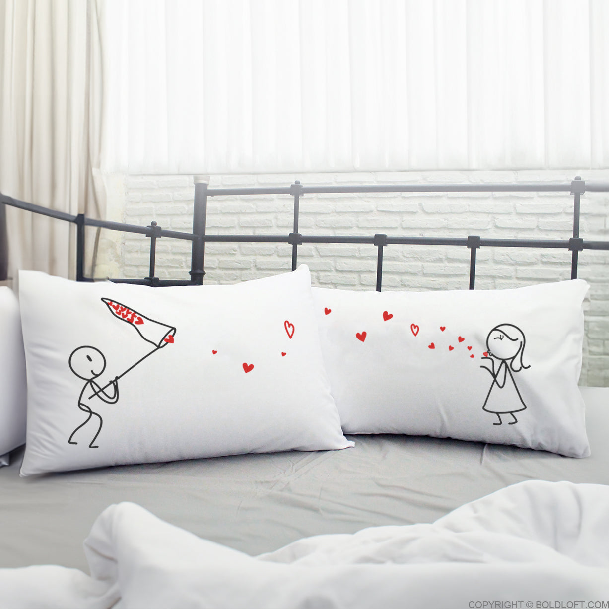 BoldLoft Catch My Love Couple Pillowcases, whimsical stick figure designs