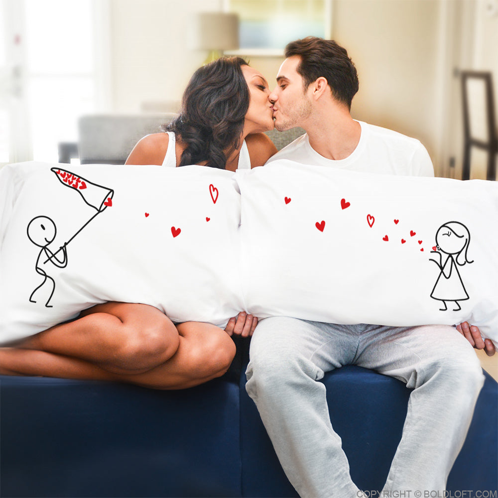 BoldLoft Catch My Love His and Hers Couple Pillowcases, featuring cute stick figure designs