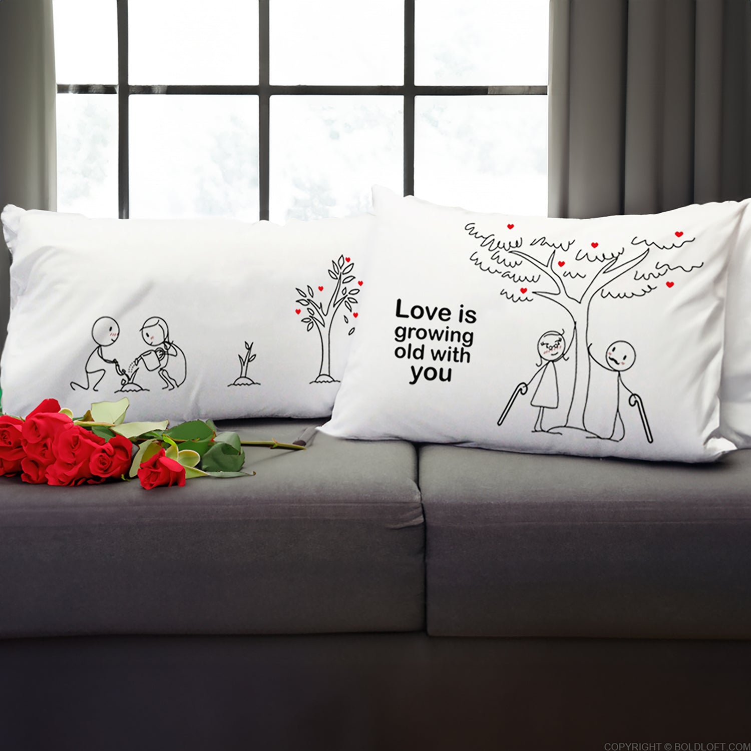 BoldLoft Grow Old with You Couple Pillowcases, feature a love quote and 2 cute stick figures