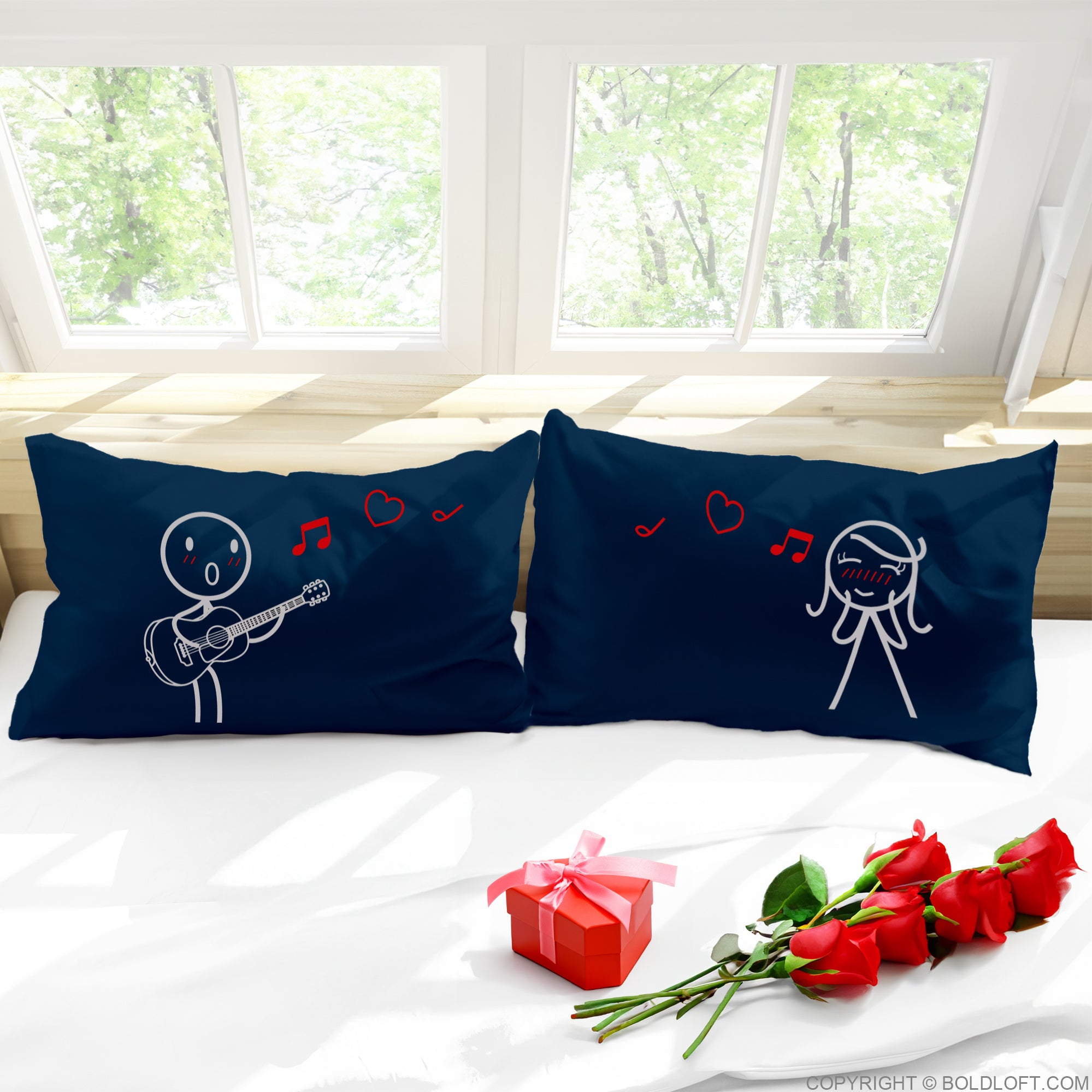 BoldLoft Love Me Tender Couple Pillowcases in Dark Blue feature a set of his and hers pillowcases with guitar and heart-shaped notes