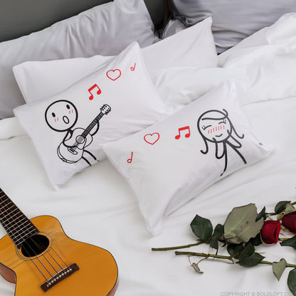 BoldLoft Love Me Tender Couple Pillowcases, guitar themed his and hers pillowcases with cute stick figure designs