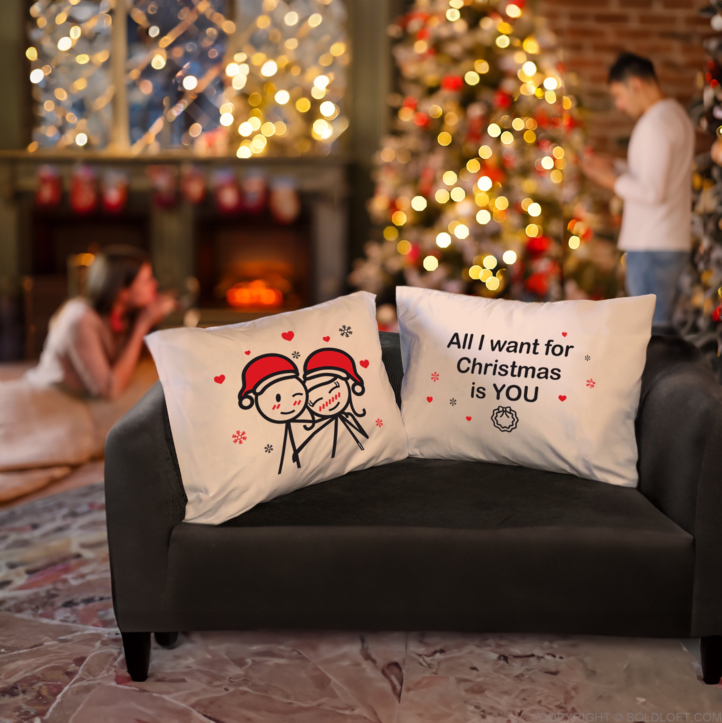 BoldLoft Merry Christmas Couple Pillowcases, his and hers pillowcases with 2 cute stick figures and a love quote