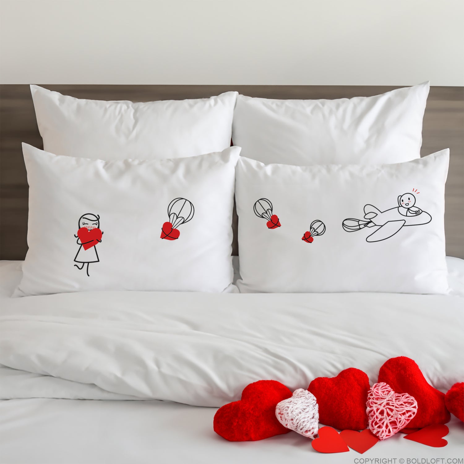 BoldLoft No Matter the Distance Couple Pillowcases-his and hers pillowcases for long distance relationships couples feature 2 stick figures, a plane, and heart balloons.